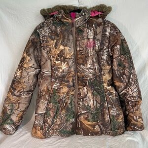 Mossy Oak Break Up Country Puffer Jacket Womens Size XL Brown Camo Full Zip